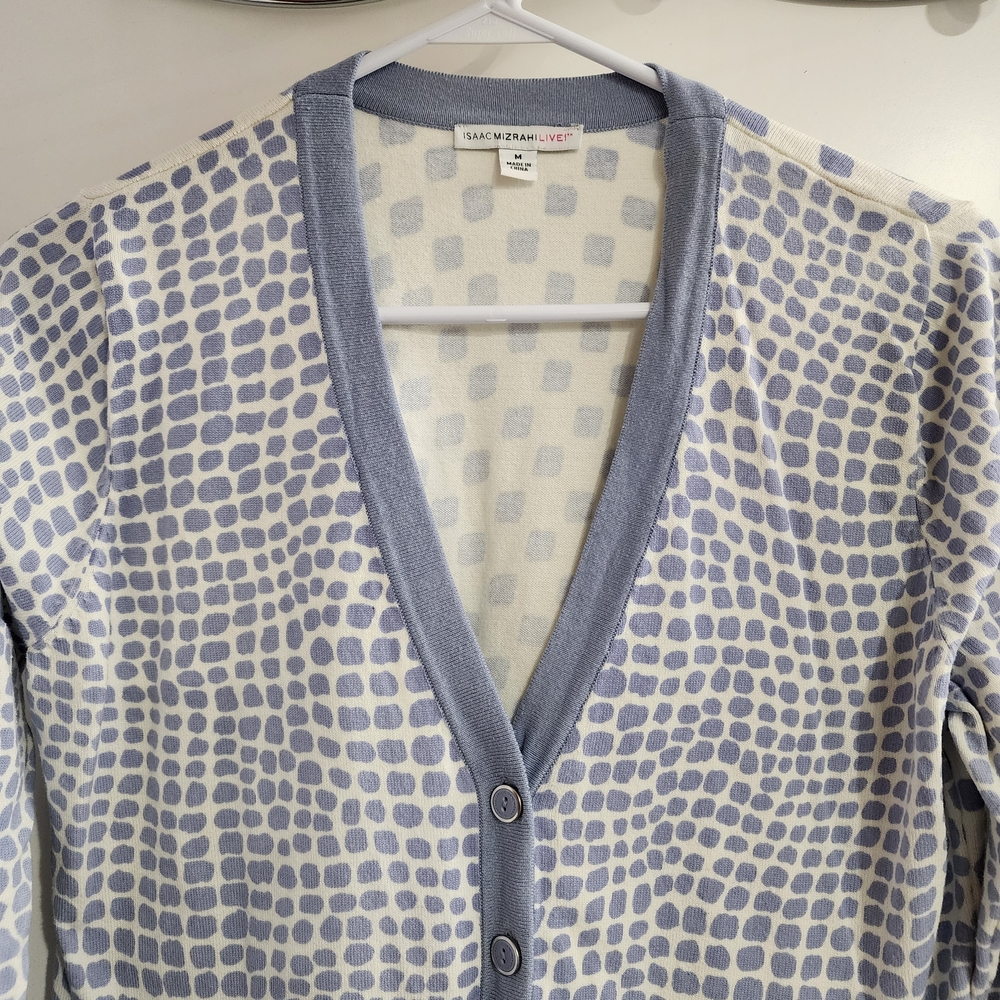 Isaac Mizrahi Women's Blue and Cream Patterned Cardigan